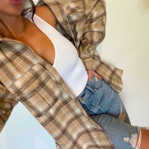 mrsalliexo Tops - 🔃 Reposh Beige & Tan Plaid Button Up Shacket NWT